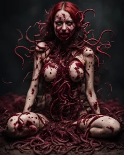 Petit weird woman with many worms from his body, sit pose, fullbody, splashes blood, behind guts rising from the ground, darkred tones, macro photography,