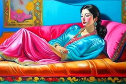 oriental woman lying on a pillow painting neoclassism bright colors zoom out realistic whole body