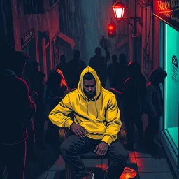 Aerial View Of A Dark Street In Which Dark Silhouette Of People Talking Surrounding A Well-Built Man (Age 24, his face should be covered and he should be looking down) Covered In A Yellow Hoodie Sitting On A Rustic Chair And Posing With Swag, All Of This In Comic Art Style (Using Colors Navy-Blue, Maroon, Orange, Neon-Green And Brown) Along With A Street Light And Heavy Rainfall Giving Overall A Dramatic & Cinematic Ambiance.