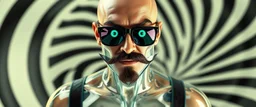 lawn mover man movie character, portrait of upper body of cool transparent guy made with nano tape and with shades and mustache and bald head, saw blade beholder eye tyrant flating beholder kin with eyes on each saw blade tooth saying something profound, hypnotic zebra twirl background, with chrome reflections, like he is floating in a giger cartoon