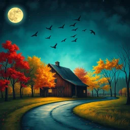 create a highly detailed digital painting in whimsical folk art style, moonlit barn surrounded by glowing autumn trees in fiery reds, golds, and turquoise, flock of silhouetted birds crossing a teal-blue sky, misty air, curved country road, visible paint texture, cinematic lighting, dreamy storybook composition --ar 16:9 --v 7 --stylize 1800