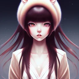 Japanese girl with big brown eyes and long black hair with bangs, cute, beautiful, kawaii, anime, cartoon, high quality, insane detail