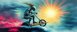 airbrush and pen outline, master oil painting by Rembrandt, viggo sandvik as insane eel wild ginger robot on surfboard boat trike , goa trance glitch poster, background motion blur, volume fog with light rays