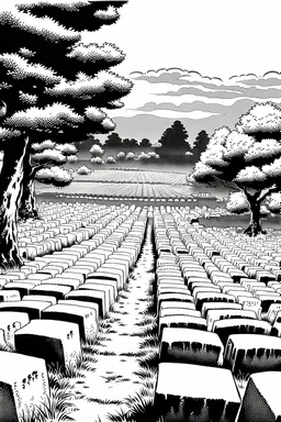 landscape, Japanese open air flat cemetery with thousand gravestones, high detail, manga style, grayscale