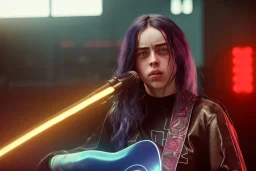 Billie Eilish, on stage with guitar, cyberpunk2077, realistic, not to be distinguished from a photo, identical pupils, photorealistic illustration