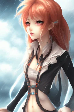 Stunning anime girl with striking looks in a stormy background