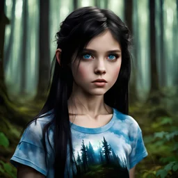 Dark haired 12 year old girl with blue eyes wearing a ripped teeshirt, in a forest , photorealistic, dark fantasy