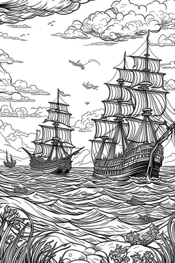 Outline art, no shading, ships on the sea, cartoon style, black and white, low detail, --ar 9:11