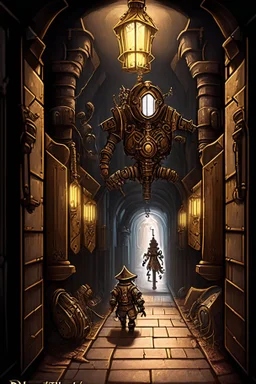 A steampunk dungeon hallway with a knight clockwork robot rpg cover art