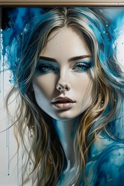 A framed picture of A beautiful young women painted with Liquid abstract blue painting,