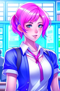 yugioh art style, character design, character concept art, realistic manhwa art for beautiful striking female teacher in the classroom, crimson hair with pink tips, blue Hair bobbles, bob haircut, blue eyes, light make-up, ruby lips, smooth, soft face, sculpted body, toned physique. she wearing sleeveless satin shirt that is white, classic collar shirt, cropped shirt, deep v-neck, elegant, passionate and beauty, red skirt, silver bracelet. Miki Asai Macro photography, vector art, sketch art, hyp