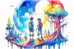 concept art water color style with details for teenagers in other planet watching the moon having adventure two teenagers mystery weird cretures trees exiting colorful