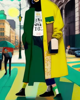 whimsical arafed nonsense, patchwork vibe, a young woman and a young man are strolling down a rainy whimsical downtown street in slow pace, (((exaggerated body parts))), (((oversize head))), sharp color contrasts, amazing shadows, (((exaggerated limbs and head))), minimal cozy, warm palette, bright bold warm summer green yellow orange black colors, color leak, heavily distorted views, amazing parallels