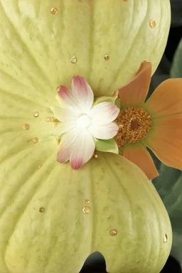 Please change the flower pattern to a Kusama pumpkin and make the green parts lined with Iridescent golden elements inspired by Klimt