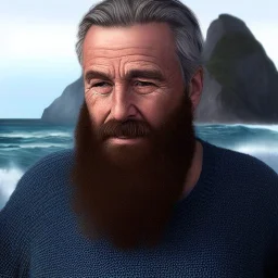 award winning portrait digital painting of an older male medieval grizzled sailor in a knitted sweater with wrinkles on face, ocean, waves, mountain cliffside with breaking waves, stormy, sinister, evil, (backlighting:1.3), concept art, smooth, sharp focus, rule of thirds, dark fantasy,intricate details, medium shot