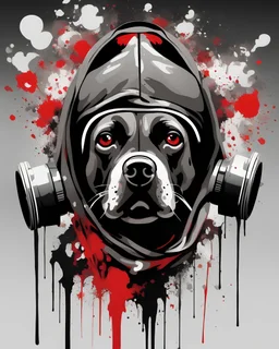 Banksy style. Vibrant and dynamic masterpiece with fluid patterns forming a killer dog with hood and gas mask, its eyes are intense. Red, white and black colors, creating a fascinating effect