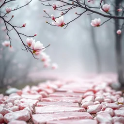 foreground path of pink glossy stone pastel, pink stones shades, magnolia branches, blurred background, fantasy world in pastel in light pink tones, minimalism fog