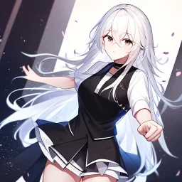 masterpiece, best quality, female, long white fluffy hair, hair between eyes, pointing, wearing a white shirt with a black collar, wearing a black vest, wearing a white skirts, {{{half body}}}, very dark black eyes