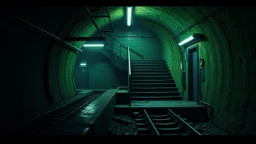 GAME CONCEPT ART .two poin perspective.Station platform and stairs from side .photograph inside of hole .very big ambient.gient station.Inside the old subway tracks, . Low light and closed green moss walls. Like the original design of the game space ,digital art.landscape,far camera old painting,2 Chen and George Hopper, Rembrandt lighting, a dark green color scheme, . --ar 13:16 --v 6. 0 metro game
