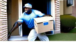 suspiciously looking Tyrone sneaking away holding small box from apartment mailboxes