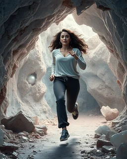 make a picture pretty crystal cave covered with jwells and 3d recursive cubic and sphere base pearls and Gemstone species, a beautiful goddess lady with curvy hair,makeup, in pretty modern today pants and loose shirt and sport shoes with jewels is running inside cave ,dynamic camera fallow her inside cave capturing full body, dynamic lights.