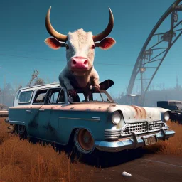 happy cute model sitting on roof of a caravan, wreckfest, spectacular graphics, unreal, road, bridge, fallout 4, mutant cow