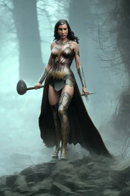 perfect gal gadot face, wearing viking, intricate, fullbody, highly detailed face, highly realistic particles, fog, fire