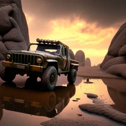 stylized hyperrealistic shot, muddy aggressive military toy truck, monotone color palette, sharp focus, puddle reflection, tire water splash, refraction, sunset, rocky terrain with huge boulders, detailed and intricate, cinematic composition, micro, tilt shift photography, unreal engine 5, octane render, 8k, cinematic lighting