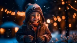 Little girl with christmas lights enjoying the holidays outdoors in snowfall. Happy cute child girl playing with Chistmas festive lights. digital ai