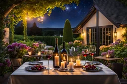 in the nice garden Cozy outdoor dining scene, on the table are lit candles, a bottle wine with two wineglasses, warm and inviting ambiance. in the distance plants, flowers, trees, summer night, high detailed, masterpiece