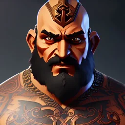 Ganesha battle axe, beard, sleeve tattoo, strong man, small minutiae, tiny features