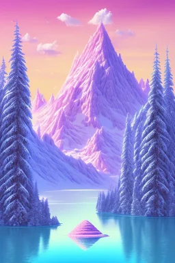  mountain topped with pink ice-cream, lake, trees, mystical, Dada,