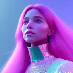 A portrait of a crystalised girl,smiling, longs hairs, atmospheric, realistic,, cinematic lighting, octane render,, pink turquoise light