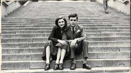 retro monochrome photo of a young hungarian couple in 60s style outfit sitting on the stone stairs in Budapest , the photo is old, stained and scratched in some places, one corner of the photo is missing, the girl's and the boy's faces not clearly visible, blured, behind them are many stairs, summer, moody photo