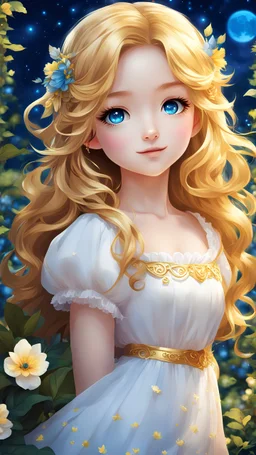 Please create a cute and beautiful chibi anime girl with golden wavy hair and bright blue eyes. She should be in a dream garden setting, with a digital painting style. The scene should take place at night, with moonlight illuminating the surroundings. Use vivid colors to bring the illustration to life.
