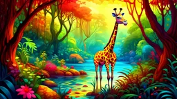 A giraffe in a magical and colorful jungle beside a river