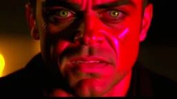 4K, ultra detail, ombres lumieres et reflets maximum, full realism. Robbie Williams in vampire smiling with blood on his teeth. Canines de vampires. Doit être seduisant