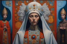 4K Anna Bagayan oil painting, Tufting tapestry, young Parcival with holy Graal, Avant-garde futuristic Medieval cyber fashion, talks to Pope's Council, Austrian Symbolism, arcane atmosphere, Veermer-Louise Nevelson Ancient misty Art, by Mario Bava movie