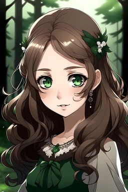 Teenage girl anime style, wavy brown hair that comes down to her shoulders, white sparkly headband, forest green eyes, smokey black eyeshadow style, tanish skin
