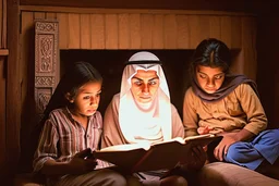 A close-up scene of an Arab mother reading the story from a book with her children around her in the room of the old wooden house near the fireplace 100 years ago.