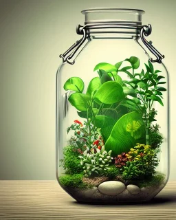 a glass jar terrarium filled with plants, highly detailed, digital art, sharp focus, trending on art station, illustration