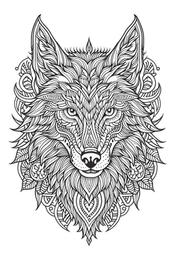 wolf Tattoo coloring book page, white background, Sketch style, only use outline, cartoon style, line art.