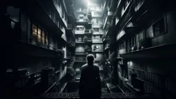 Hogyan is érthetné a második emeleti lakó a földszinten élő nyomorúságát? high contrast, detailed, thriller, deep dark colors, gloomy, cinematic