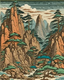 Brown giant mountains designed in Ica stones painted by Utagawa Hiroshige