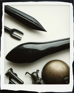 Photography polaroid close-up of several shapes, elongated lines and object, massive odd Yves Tanguy incomprehensible style, Surrealism. On the left, there are other lower shapes, similar to tools or mechanisms, randomly arranged, glossy, organic, creepy tumor mass growing, strong texture, fiotti di liquido nero, horror, panic, obsessive, hypnotic