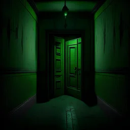 pimeä halli jonka keskellä valaistu vihreä ovi
