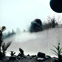 A striking quality Kodak photograph captures a wasteland with monsters and group of plants, creepy, details of the dust very accentuated, glossy organic mass, adorned with minerals and rocks. Bathed in intense light, eerie, Max Ernst style, black sun, fog