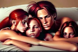 digital art of beautiful auburn hair teenage laracroft girls in a gym clothes with grandpa in a bed, hugging grandpa bare lips