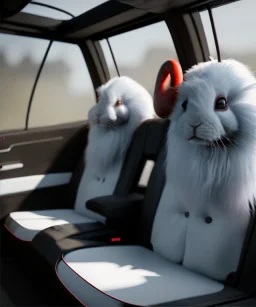 Ultra realistic back seat of limousine image, wide angle view, Alice woman and white rabbit man, many color balls, circus clothing, long hair, smoke, feather long coat, soft color, highly detailed, unreal engine 5, ray tracing, RTX, lumen lighting, ultra detail, volumetric lighting, 3d, finely drawn, high definition, high resolution.