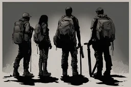 four persons, standing, silhouette, comic book,post-apocalypse, gray background, backpack,